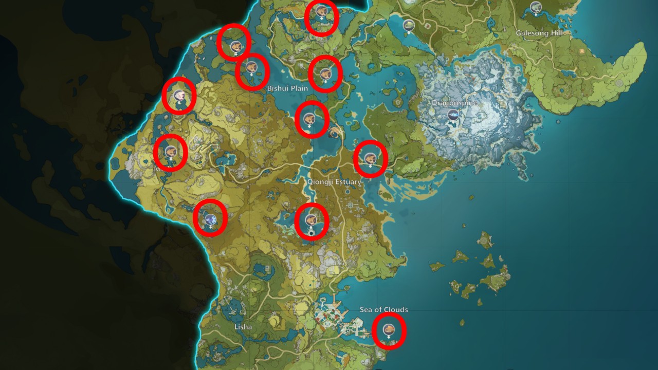 Mapa de ubicaciones de pesca de Genshin Impact Liyue