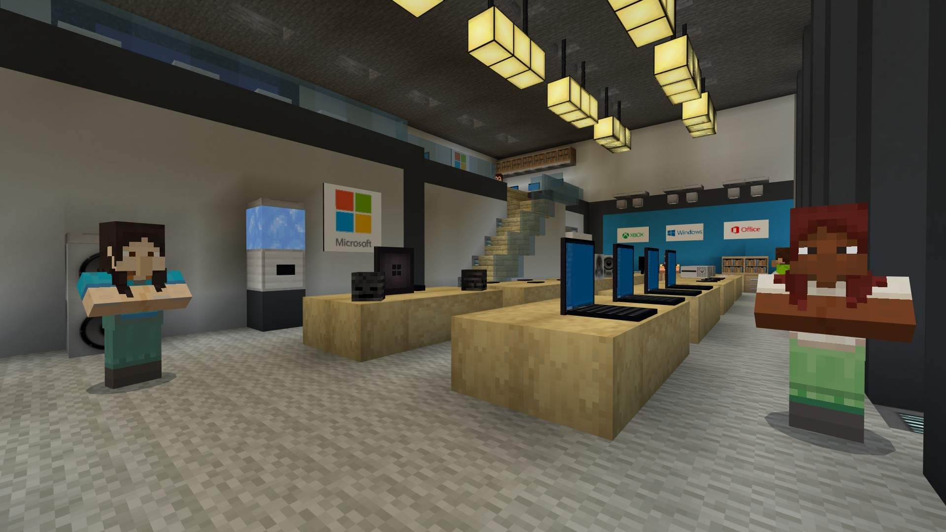 Dos PNJ femeninas se enfrentan al espectador para darles la bienvenida a las oficinas de Minecraft recreadas en Minecraft.