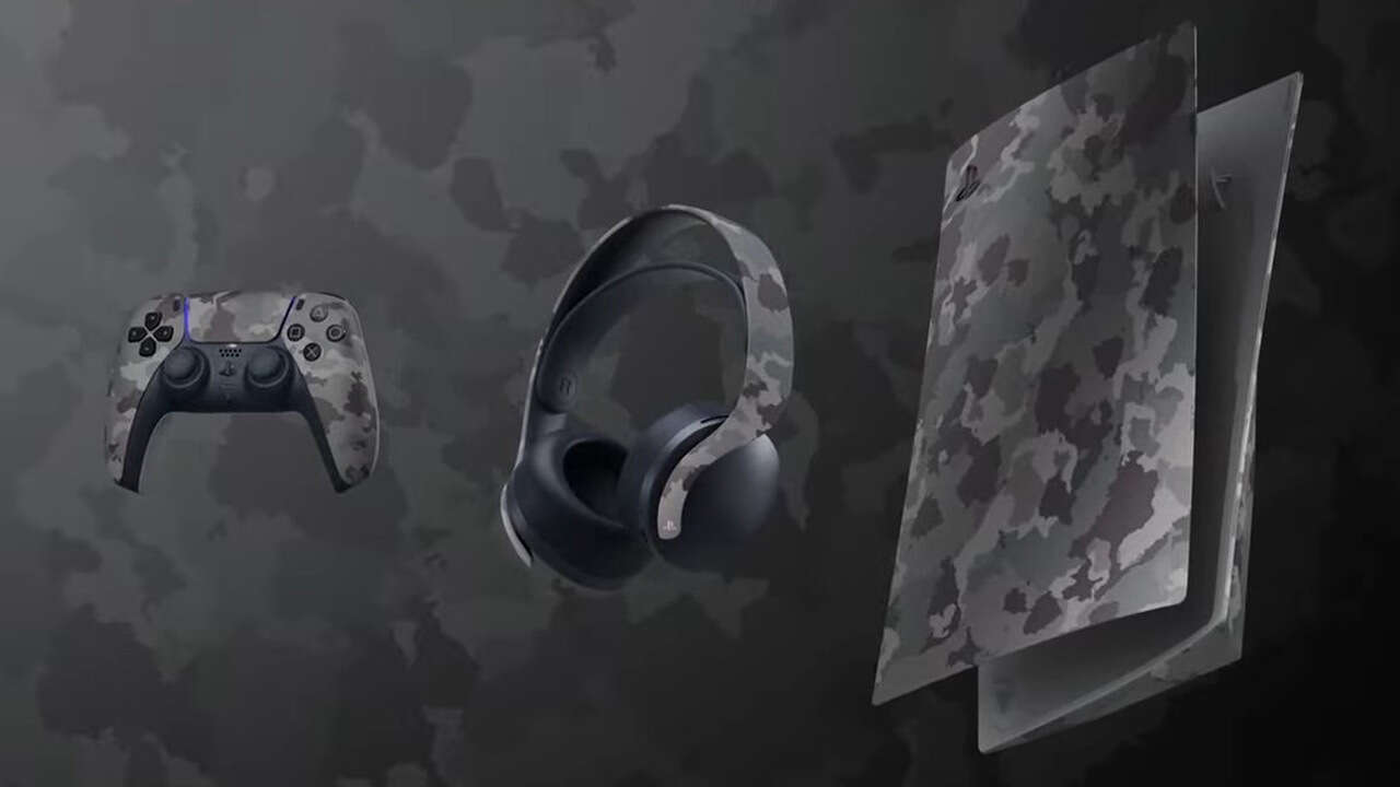 La nueva cubierta de la consola PS5 la envuelve en camuflaje gris, también llegará el controlador a juego y los auriculares