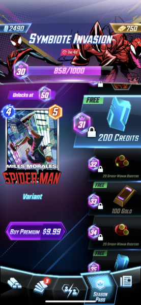 Pase de temporada de Marvel Snap Symbiote. Algunas recompensas están bloqueadas, pero otras están etiquetadas como "libre."