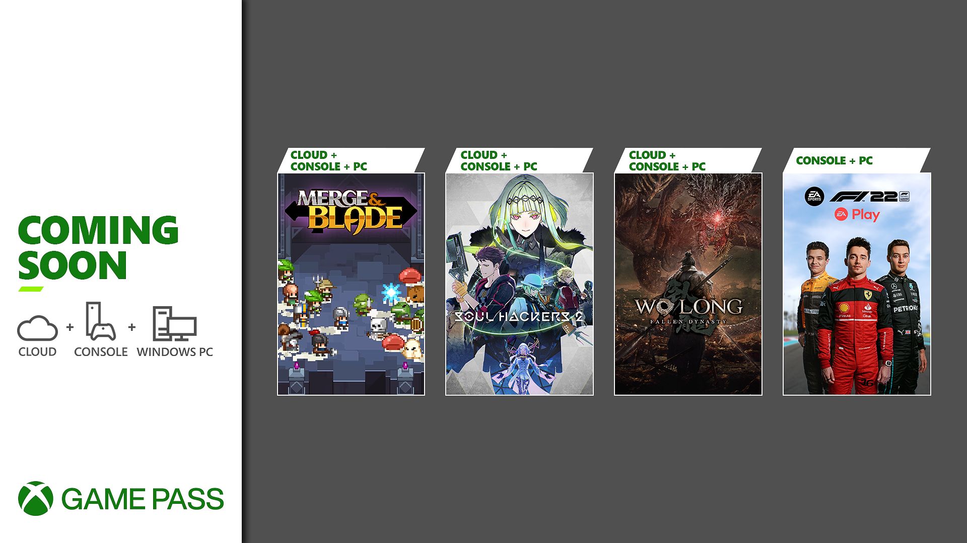 Próximamente en Xbox Game Pass: Wo Long: Fallen Dynasty, Soul Hackers 2, F1 22 y Merge & Blade