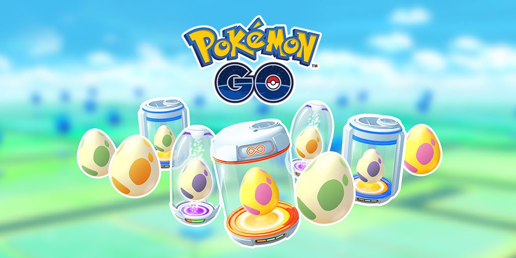 Varios huevos e incubadoras de Pokémon Go diferentes, con el logotipo de Pokémon Go arriba