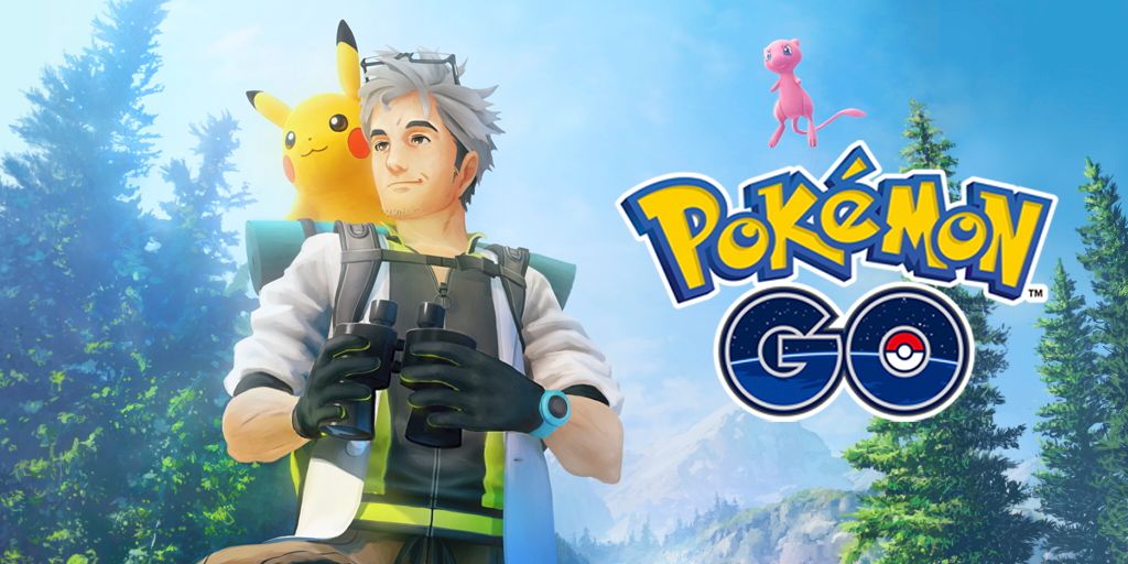 El profesor Willow con Pikachu en el hombro, con Mew y el logo de Pokémon Go a la derecha.