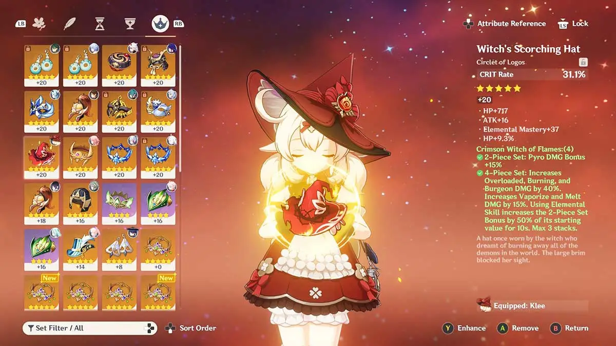 Captura de pantalla del menú Klee Circlet Artifact en Genshin Impact.