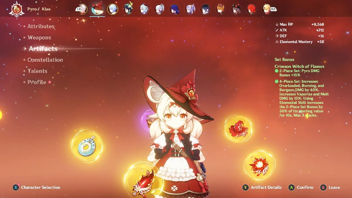 Captura de pantalla del menú de artefactos de Klee en Genshin Impact.