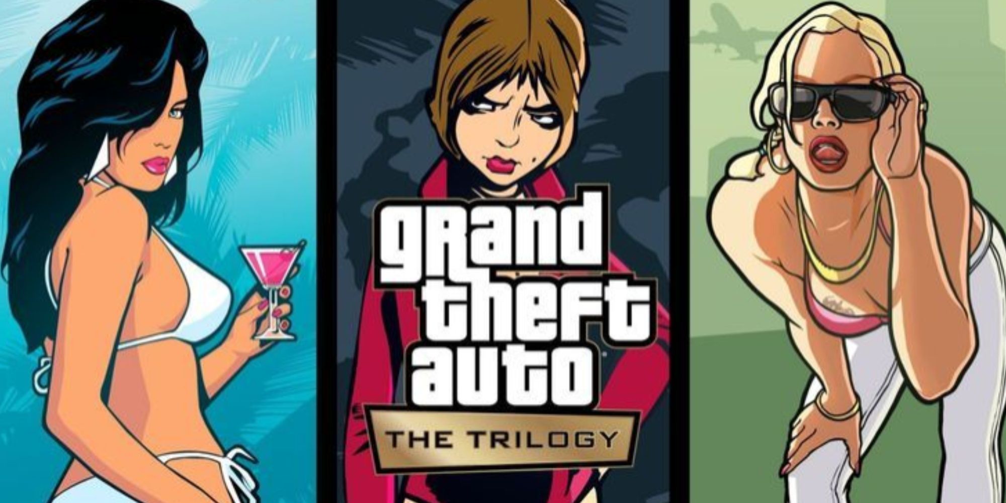 La portada de GTA Vice City, GTA 3 y GTA: San Andreas presenta a los personajes femeninos principales divididos en la edición del paquete de trilogía.