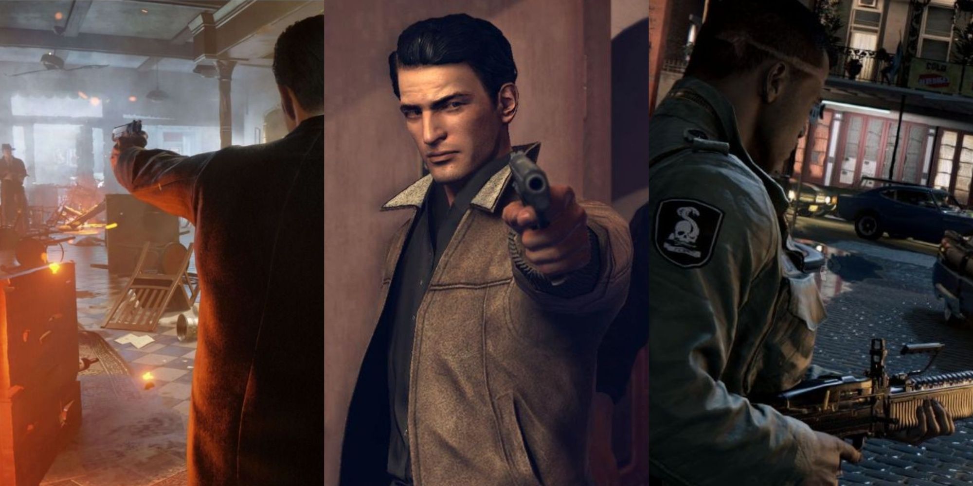 Un collage de Tommy Angelo disparando a mafiosos rivales dentro de un edificio en Mafia: Definitive Edition, Vito Scalleta apuntando con un arma a la cámara en Mafia 2 y Lincoln Clay disparando una ametralladora a mafiosos rivales en Mafia 3.