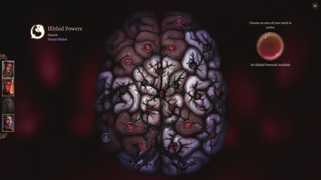 El cerebro del personaje principal, que muestra algunos de los poderes ilícidos desbloqueados.