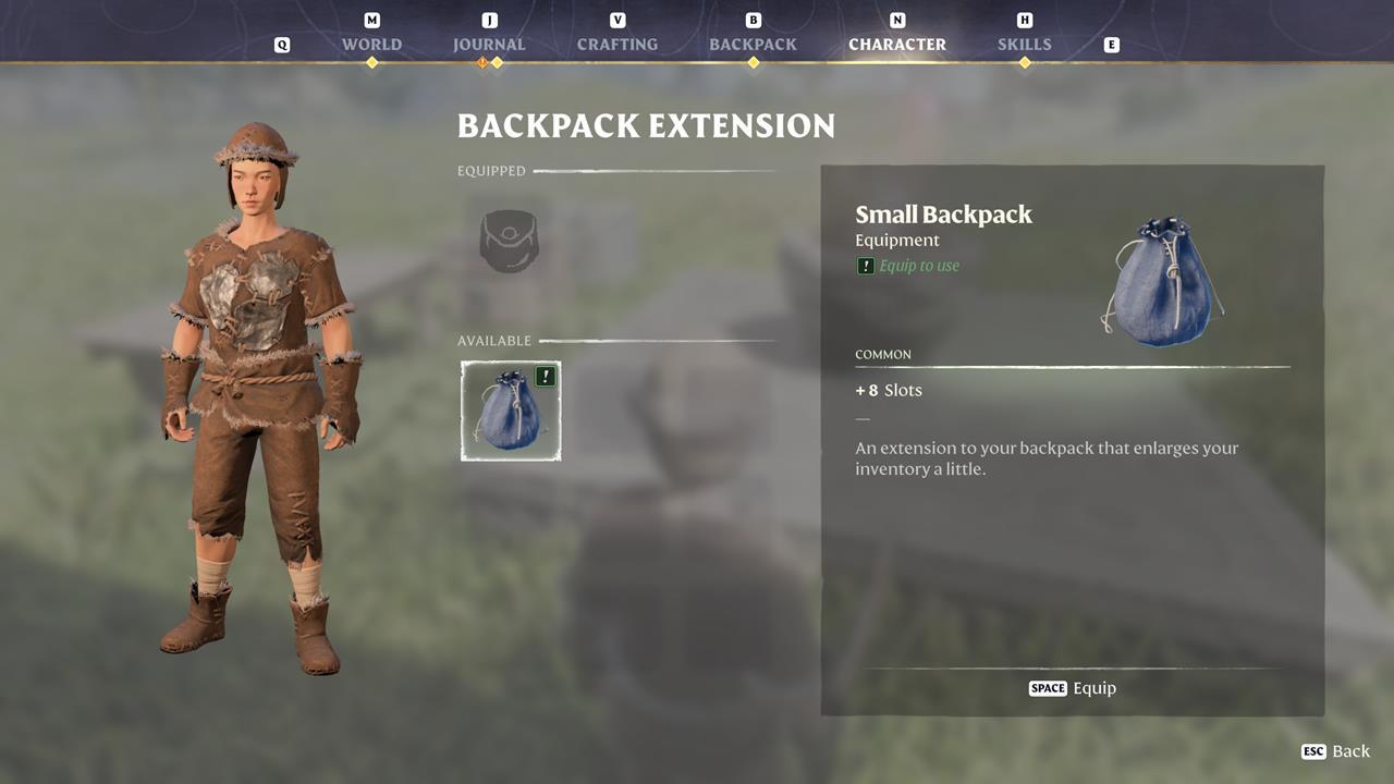 Crea la mochila pequeña y equípala.