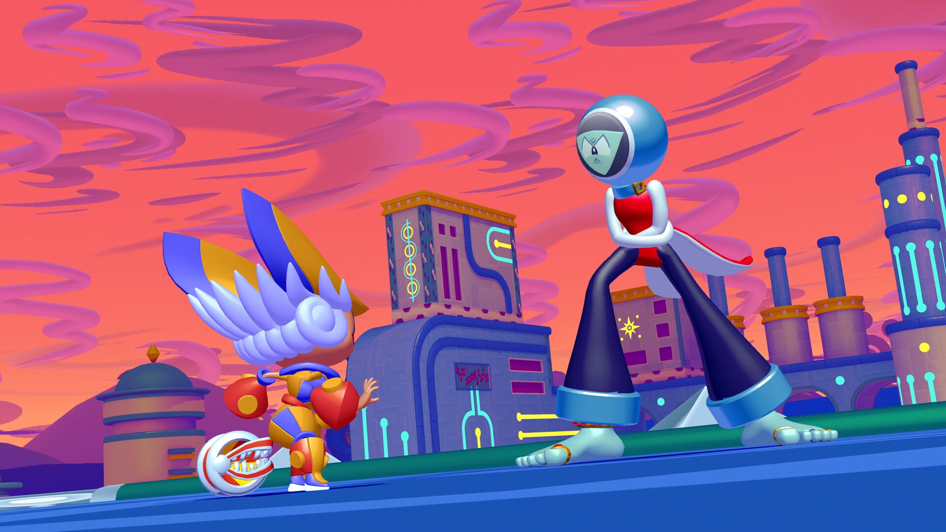Penny se enfrenta a un jefe con pantalones de bengala y una cabeza plateada en Penny's Big Breakaway.