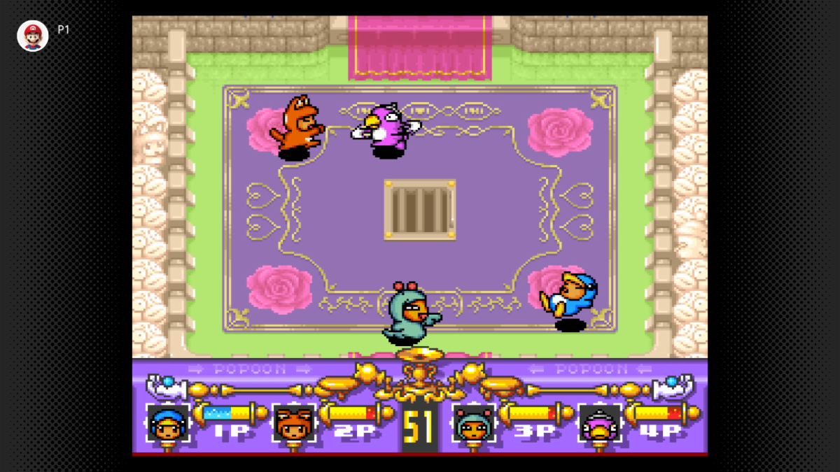 Criaturas luchando en la arena rosa de Amazing Hebereke