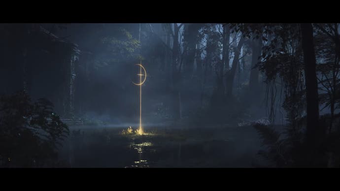 Captura de pantalla del tráiler de la historia de Shadow of the Erdtree que muestra un extraño símbolo dorado en medio de un lago oscuro iluminado por la luna