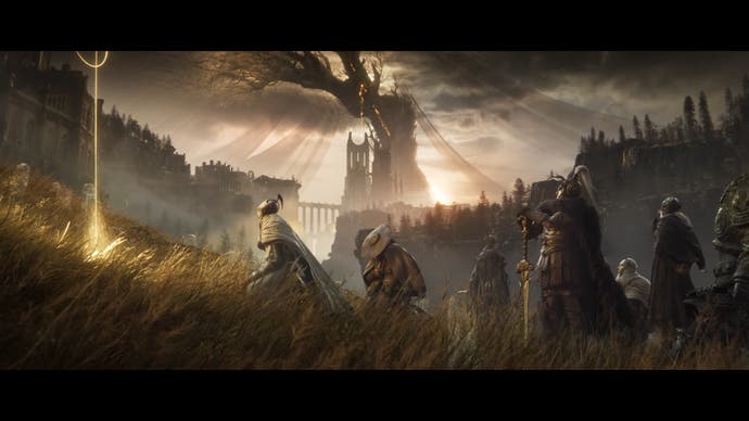 Captura de pantalla del tráiler de la historia de Shadow of the Erdtree que muestra múltiples personajes armados junto a un extraño símbolo dorado con un árbol gigante en el fondo.