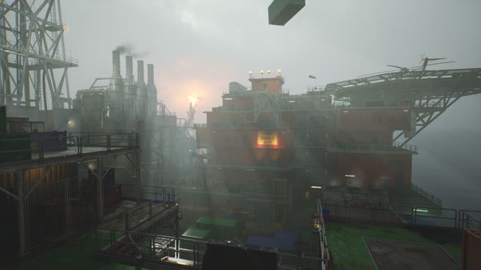 Captura de pantalla oficial de Still Wakes the Deep que muestra el exterior de una plataforma petrolera contra un cielo gris
