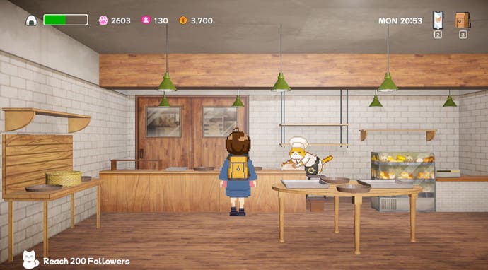 Una colegiala se acerca a un gato vestido de panadero en Neko Odyssey.