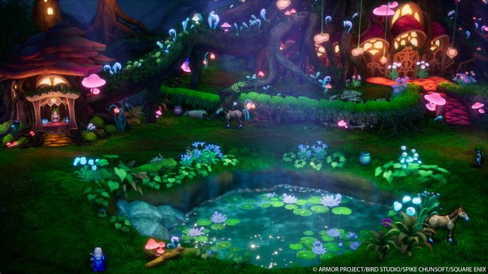 Captura de pantalla de Dragon Quest 3 HD-2D Remake que muestra un bosque mágico