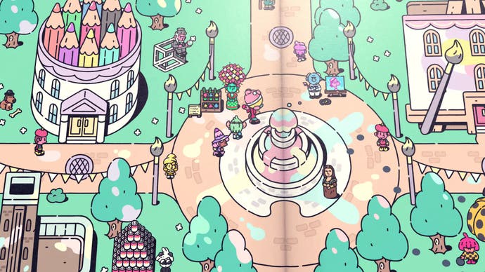 La captura de pantalla de Plucky Squire que muestra una bulliciosa ciudad turquesa en el libro.
