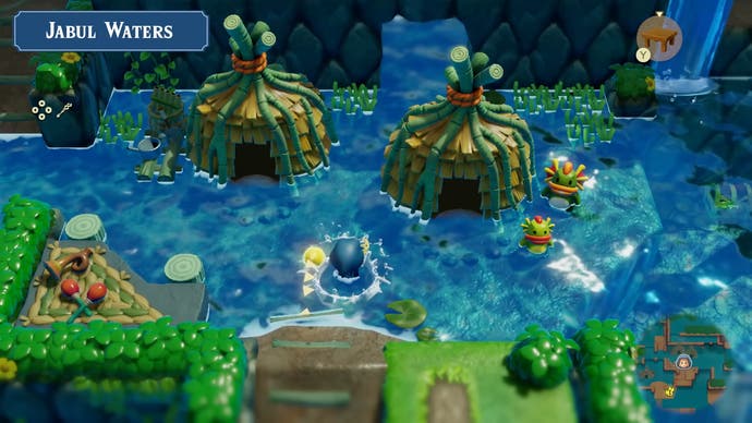 Captura de pantalla del tráiler de The Legend of Zelda: Echoes of Wisdom que muestra la aldea Zora en Jabul Water con instrumentos musicales