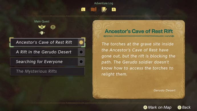 Captura de pantalla del tráiler de The Legend of Zelda: Echoes of Wisdom que muestra su registro de aventuras con misiones
