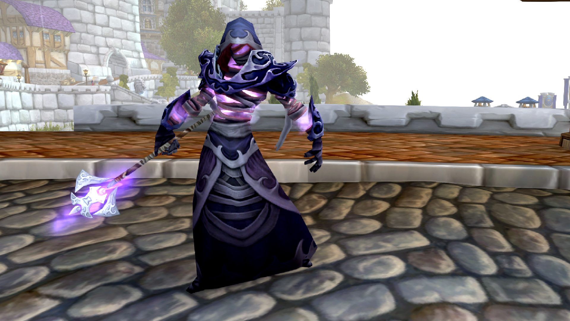 A transmogifier in World of Warcraft stands in Stormwind.