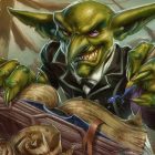 A goblin writes in a book.