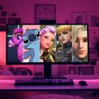 Rumores y filtraciones sobre GTA 6: fecha de lanzamiento anticipada, se preguntan los fanáticos. An interior photo of a pink-lit bedroom or gaming setup features a computer monitor displaying a collage of five female animated or video game characters. From left to right, the characters are: a pink donkey pinata from Fortnite, Stitch from Disney's Lilo & Stitch, Jinu from KPop Demon Hunters, Magik from Marvel Rivals, and Luna Snow, also from Marvel Rivals