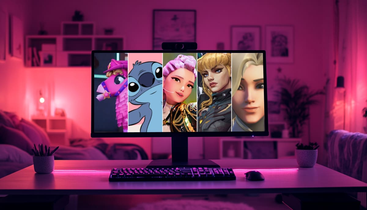 An interior photo of a pink-lit bedroom or gaming setup features a computer monitor displaying a collage of five female animated or video game characters. From left to right, the characters are: a pink donkey pinata from Fortnite, Stitch from Disney's Lilo & Stitch, Jinu from KPop Demon Hunters, Magik from Marvel Rivals, and Luna Snow, also from Marvel Rivals