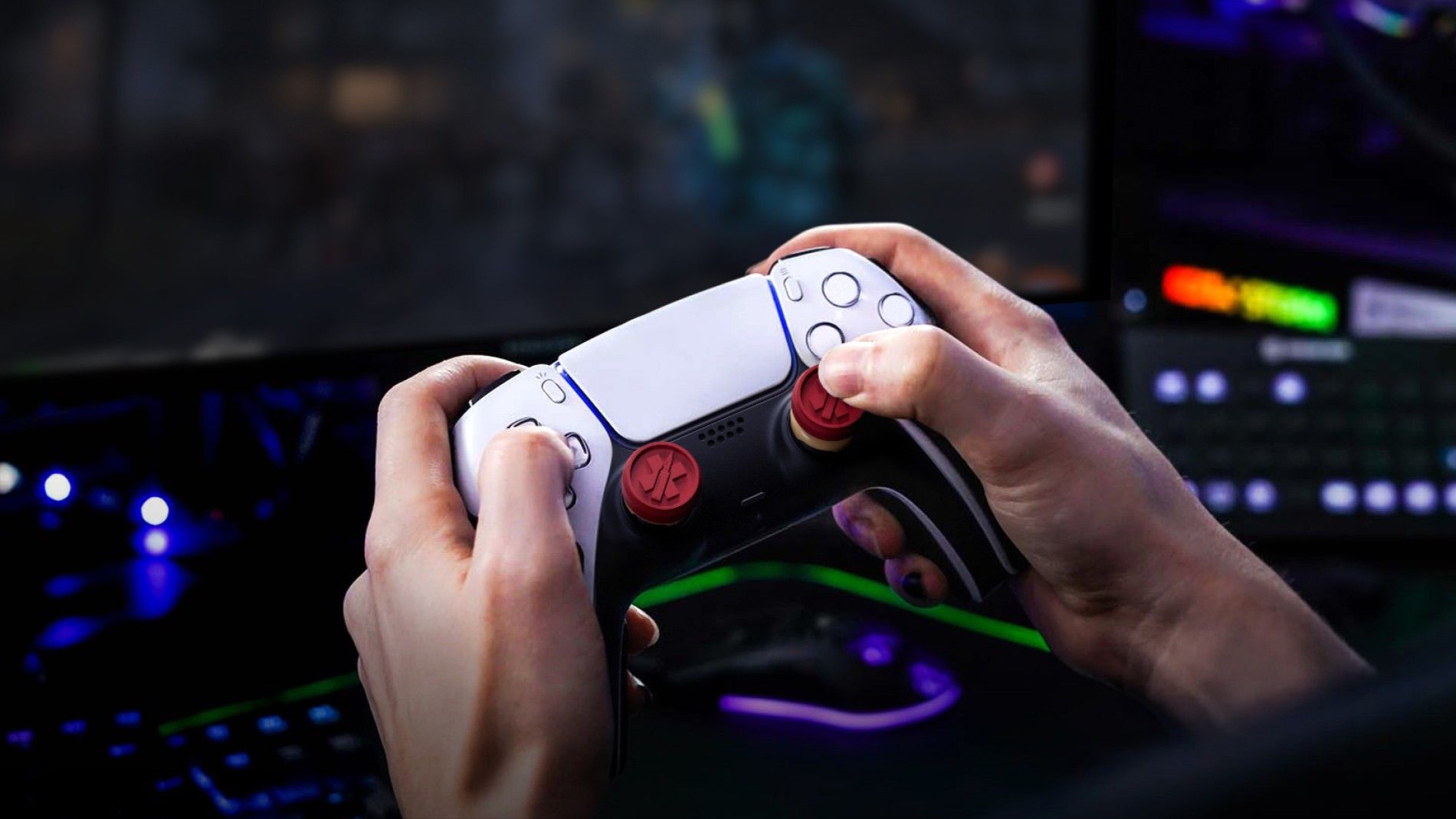 The new Juggernog Call of Duty thumbstick add-ons by Kontrolfreek attached to a PlayStation 5 controller.
