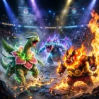 Campeones Pokémon: Fecha de lanzamiento anunciada para Switch y Switch 2, ¡la espera crece! Mega Meganium, Mega Emboar, and Mega Feraligatr in competitive battle arena for Pokémon Champions