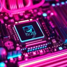 Epic Games: Los despidos masivos presagian una caída inevitable y los fanáticos están preocupados. A highly detailed, 3D macro illustration of a glowing, neon-lit computer motherboard or circuit board, representing the complex digital infrastructure behind the gaming industry. The image features recognizable physical tech elements like processors, memory chips, and data cables, all illuminated by pulsing cyan and magenta lights, conceptually illustrating the technological complexities and uncertainties facing the gaming industry.