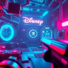 Epic Games: un nuevo shooter inspirado en Disney está causando sensación, pero ¿quién se beneficiará de él? A visually striking 3D illustration depicting the user interface of a Disney-themed extraction shooter game, with glowing neon-lit tech elements and a sense of high-tech, cyberpunk-inspired aesthetics.