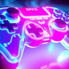 Epic Games: una asociación con Disney para revitalizar Fortnite, entre pasión y desafíos. A highly detailed, glowing 3D macro illustration of a futuristic game controller or other gaming hardware, illuminated by vibrant neon lights, conceptually representing the technological innovation and digital infrastructure powering Epic Games