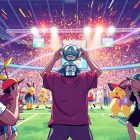 Pokémon Go: Un campeón descalificado por una polémica celebración y la comunidad está alborotada. A cubist-style painting depicting a Pokémon Go match, with sharp, overlapping geometric planes representing the raw energy and tension of the competition.