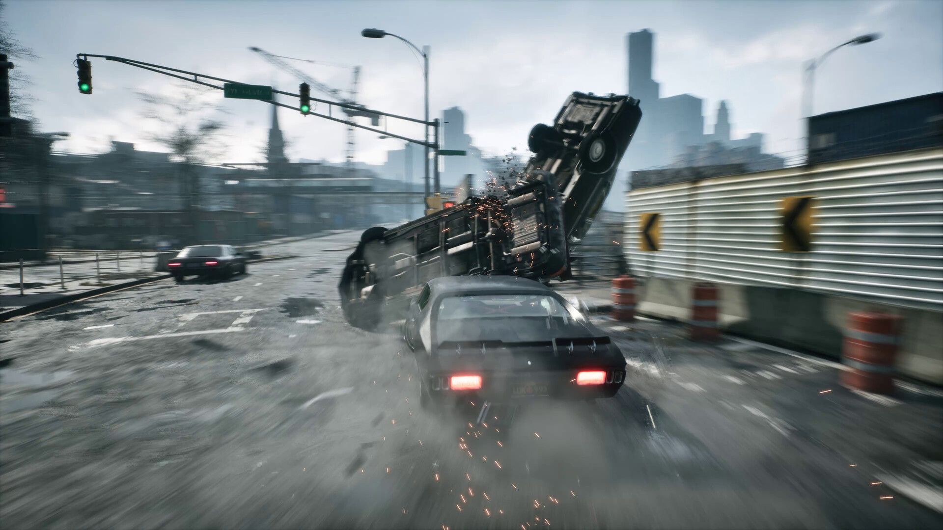 Samson gameplay that shows three cars crashing, with one sent into the air