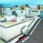 World of Warcraft: un jugador recrea el mapa Dust 2 de Counter-Strike, con materiales inesperados. A screenshot of the Counter-Strike Dust 2 map made with World of Warcraft's player housing tools. A road leads upward toward a blue fence. A building with a red mark and crates on top is also in view.