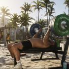 Picture of an NPC in GTA bench pressing on a beach