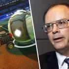 Unreal Engine 6: Epic presenta su primer juego atrevido, lejos de Fortnite. Side by side of Rocket League gameplay and Tim Sweeney, Epic CEO, wearing a suit and tie.