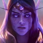 A screencap of the World of Warcraft: Midnight Gamescom 2025 Opening Night Live cinematic trailer. A dark-haired elf looks toward the viewer, her face covered in a violet hue.